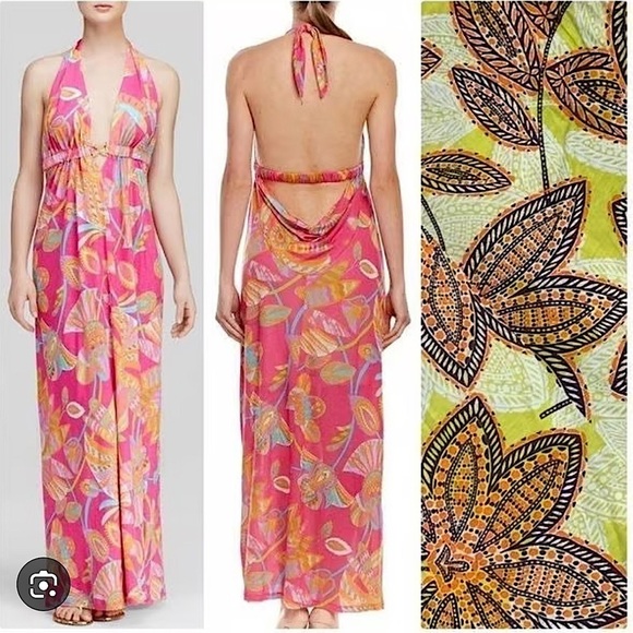 Trina Turk Biscayne Green Egyptian Floral open back maxi dress boho fairy 10 - Picture 1 of 12